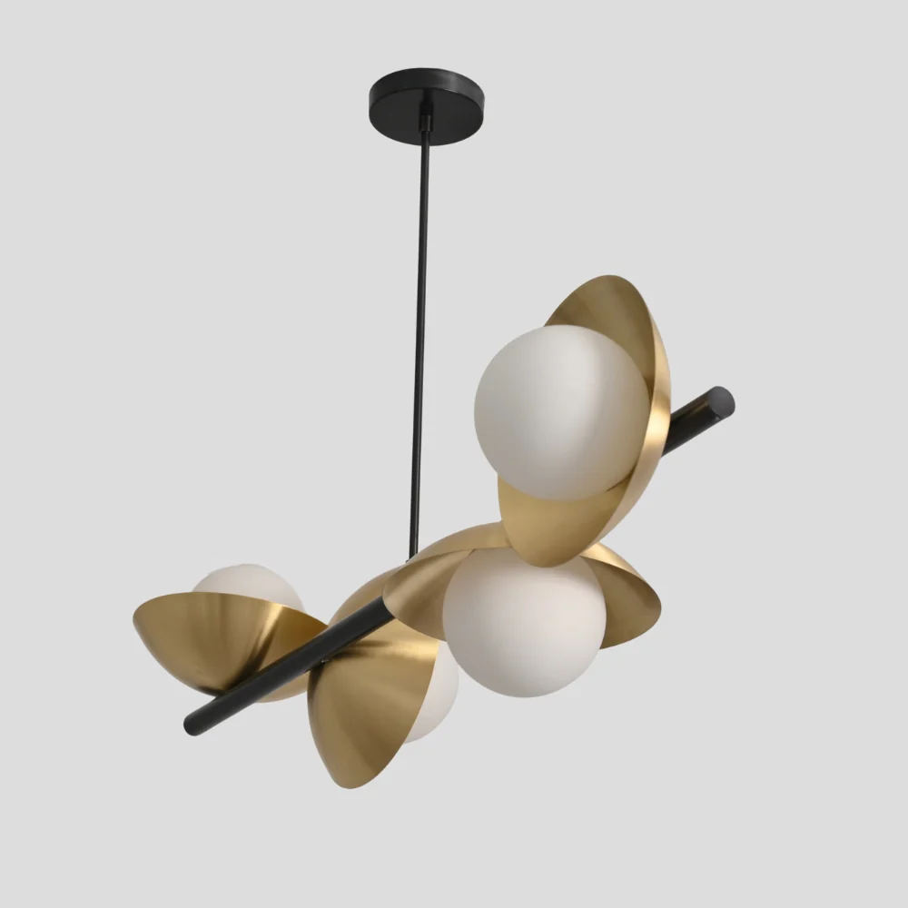 4 Brass Globe Chandelier - Matt Black Rod Ceiling Light - Image 6