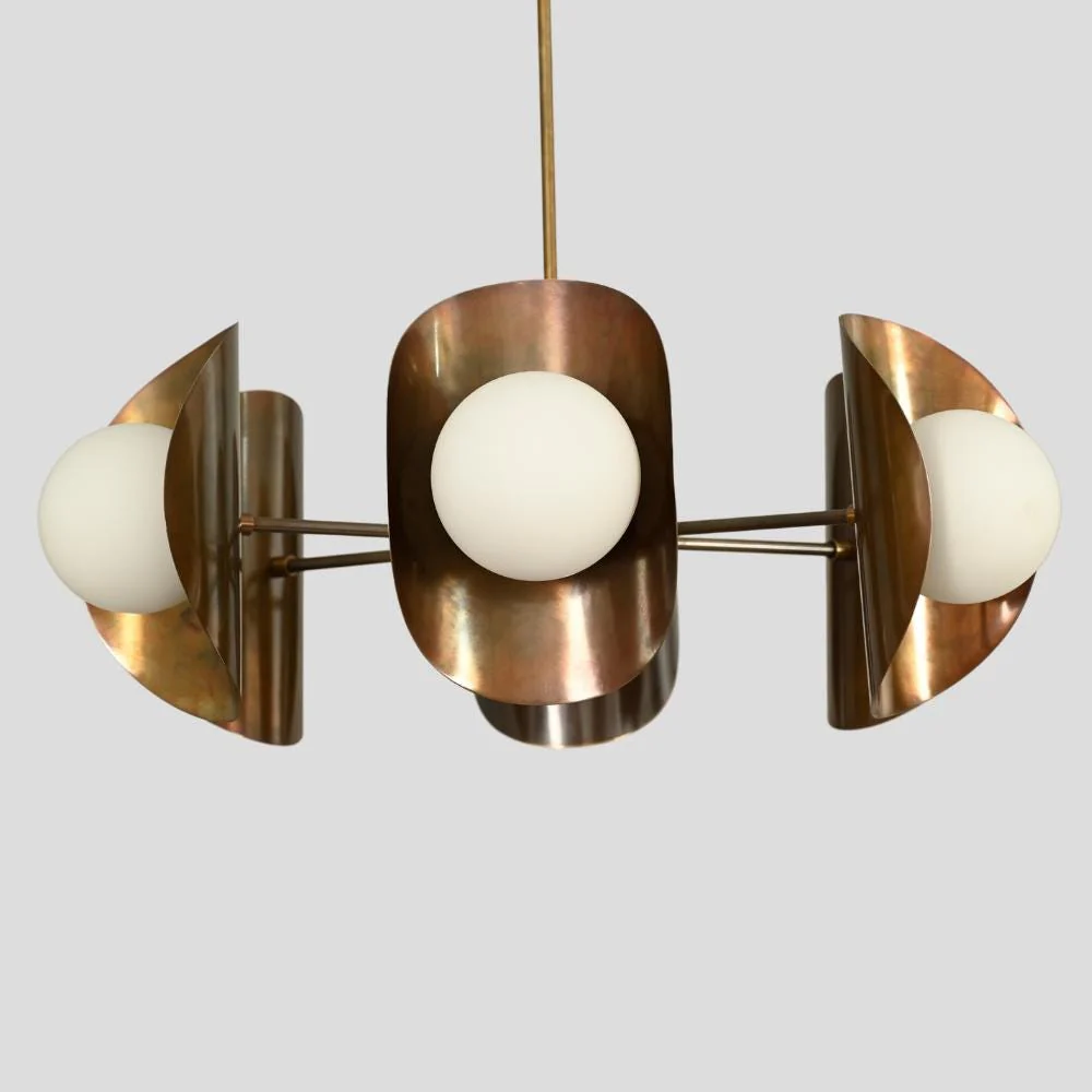 6 Brass Globe Chandelier - Mid Century Ceiling Light - Image 3