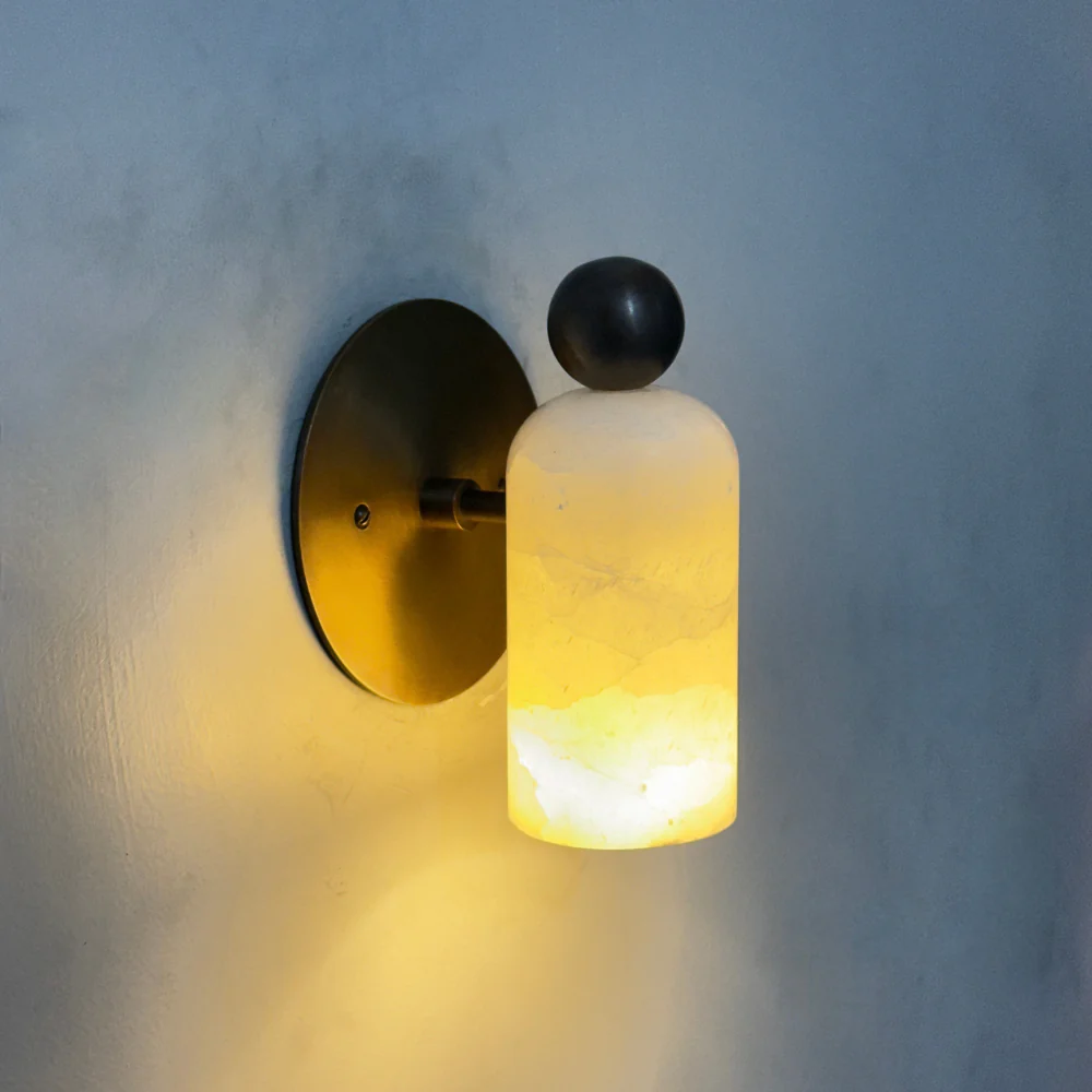 Brass Ball Stub Arm Marble Sconce - Alabaster Wall Lamp - Image 10