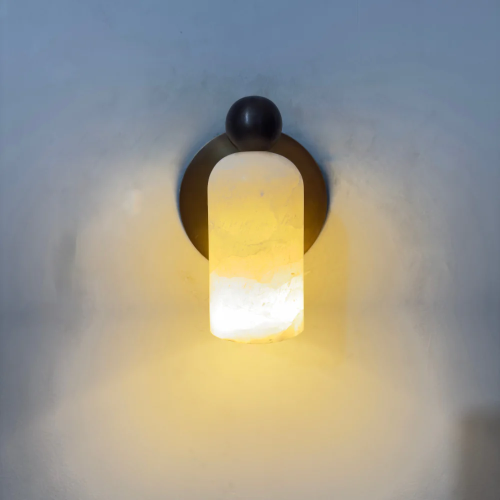 Brass Ball Stub Arm Marble Sconce - Alabaster Wall Lamp - Image 9