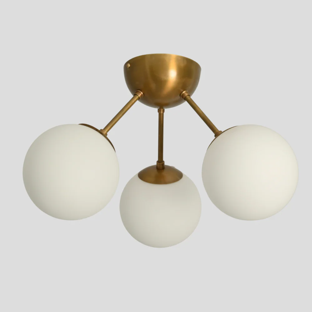 Three Light Brass Flush Mount - Glass Globe Ceiling Light - Image 4
